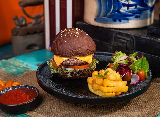Black Cheese Burger with French Fries and Side Salad
