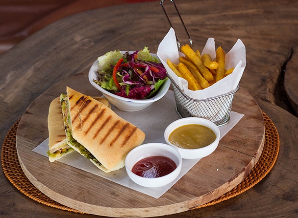 Chicken Panini with French Fries and Side Salad