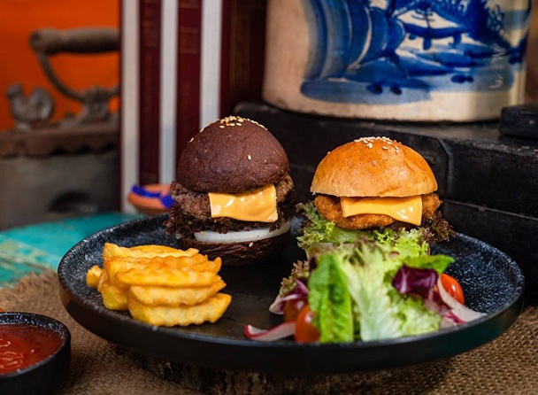 Mini Burger Served French Fries and Side Salad