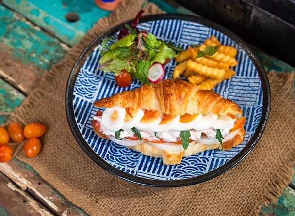 Tuna Egg Croissant with French Fries and Side Salad